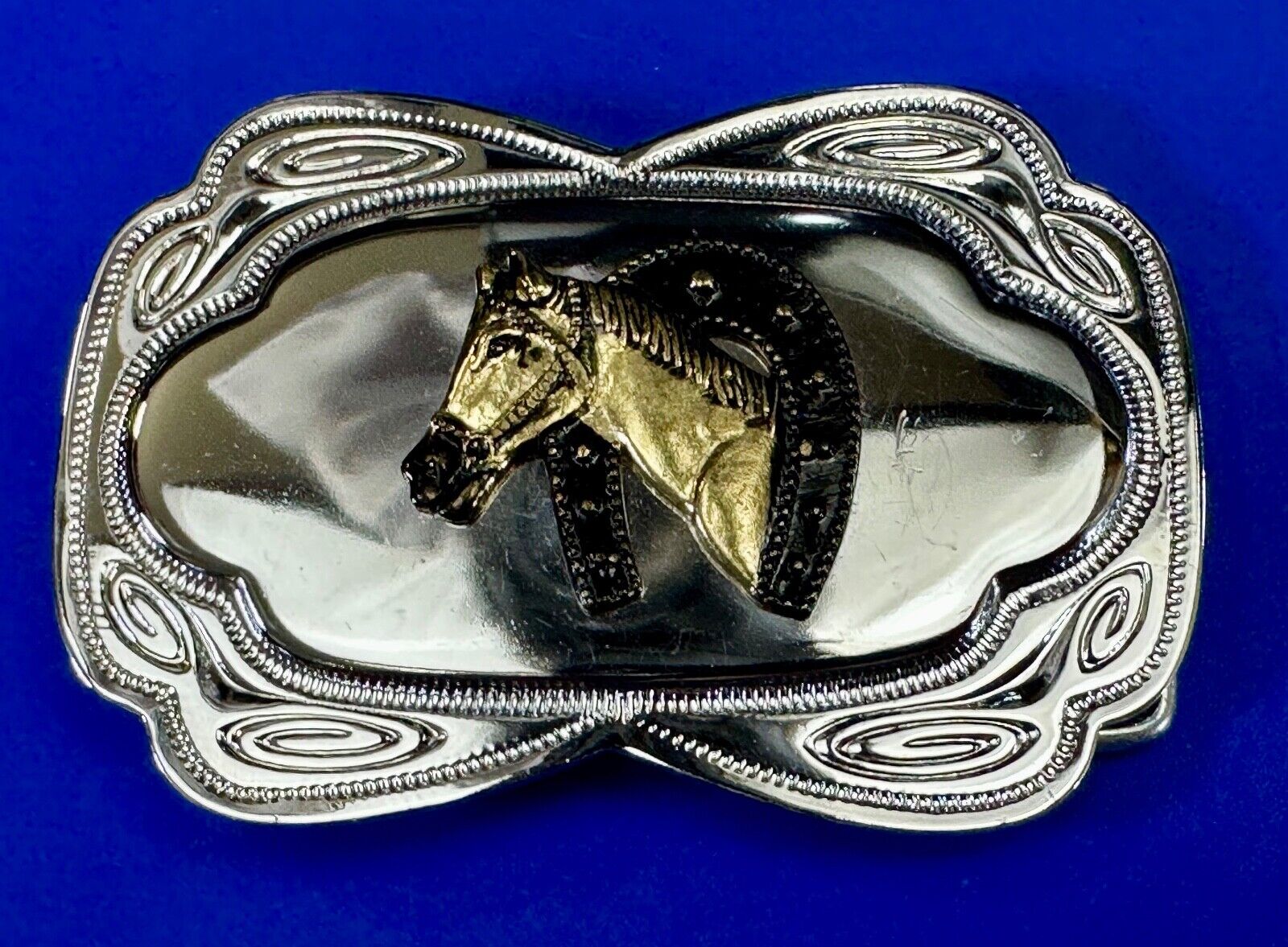 Beautiful NOS Horse head / lucky horseshoe -  two tone reflective belt buckle