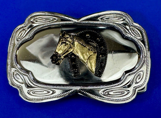 Beautiful NOS Horse head / lucky horseshoe -  two tone reflective belt buckle