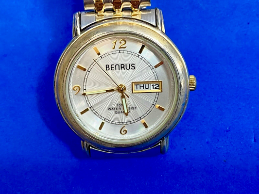 Benrus Day Date Bnw708  Two Tone Stretch Band Watch Working Well, Fresh Battery
