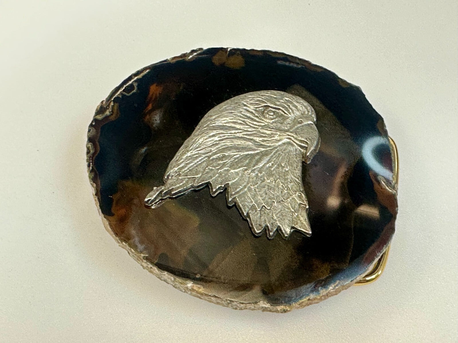 American Bald Eagle Head Carved Metal on Natural Stone Vintage Belt Buckle
