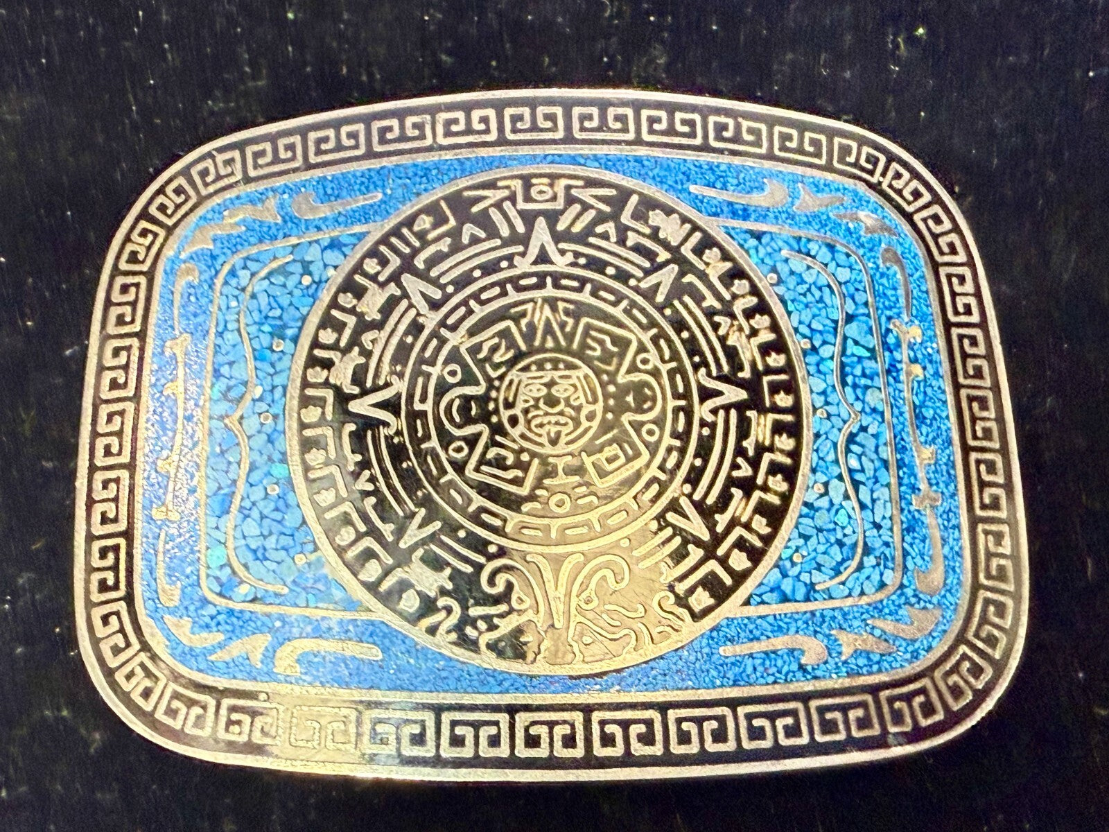 Aztec Mayan Calendar Turquoise Chip Inlay Tribal Art Belt Buckle Mexico Made