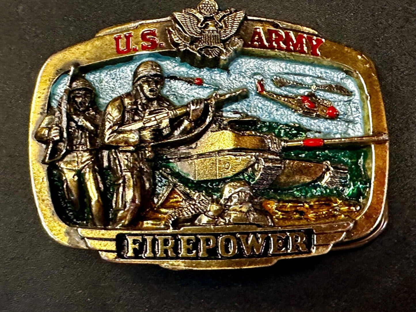 US Army Fire Power The Great American Buckle company Vintage Tank Helicopter