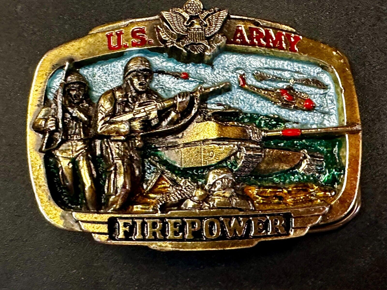 US Army Fire Power The Great American Buckle company Vintage Tank Helicopter