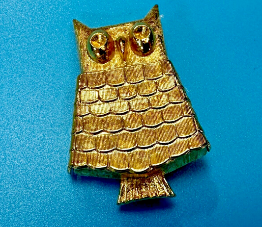 Beautiful Owl Perfume Glace Gold Tone Brooch Pin Signed by Avon