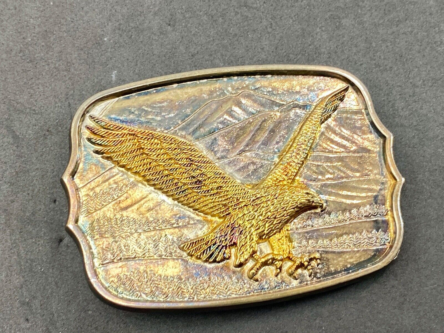 Vintage Gold & Silver Tone Flying American Eagle Mountains numbered Belt Buckle
