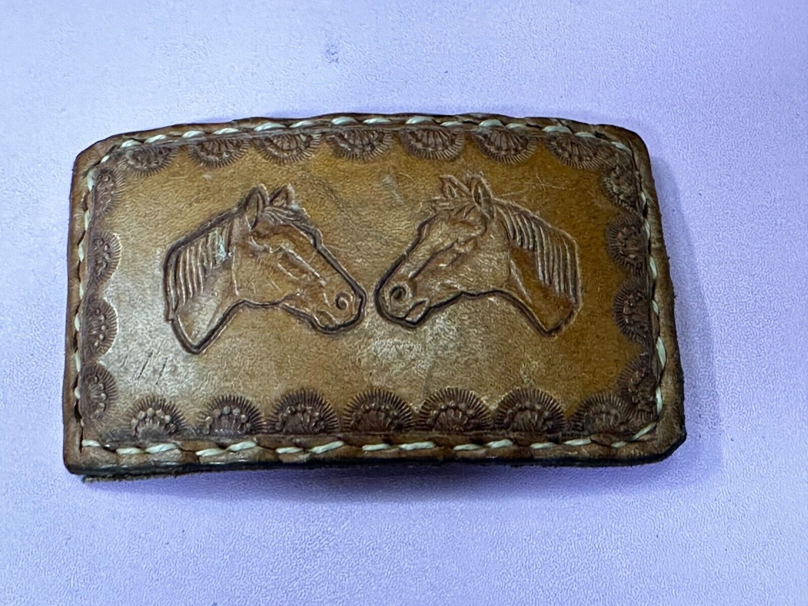 Two Horse Heads Vintage Stitched Brown Leather Rectangular Belt Buckle