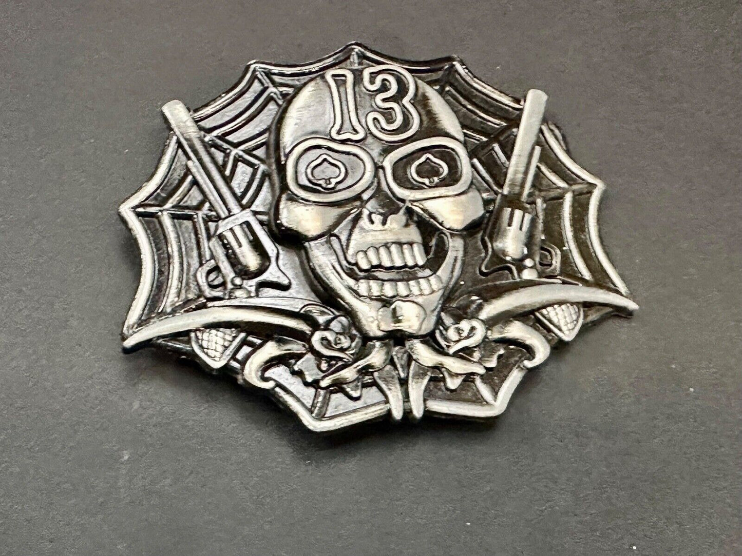 Vampire Skull with bat wings and number 13 metal belt buckle