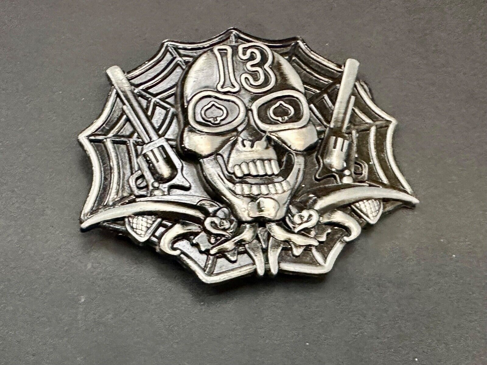Vampire Skull with bat wings and number 13 metal belt buckle