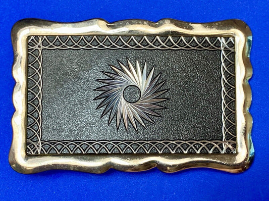 Black and silver color etched starburst pattern rectangular belt buckle