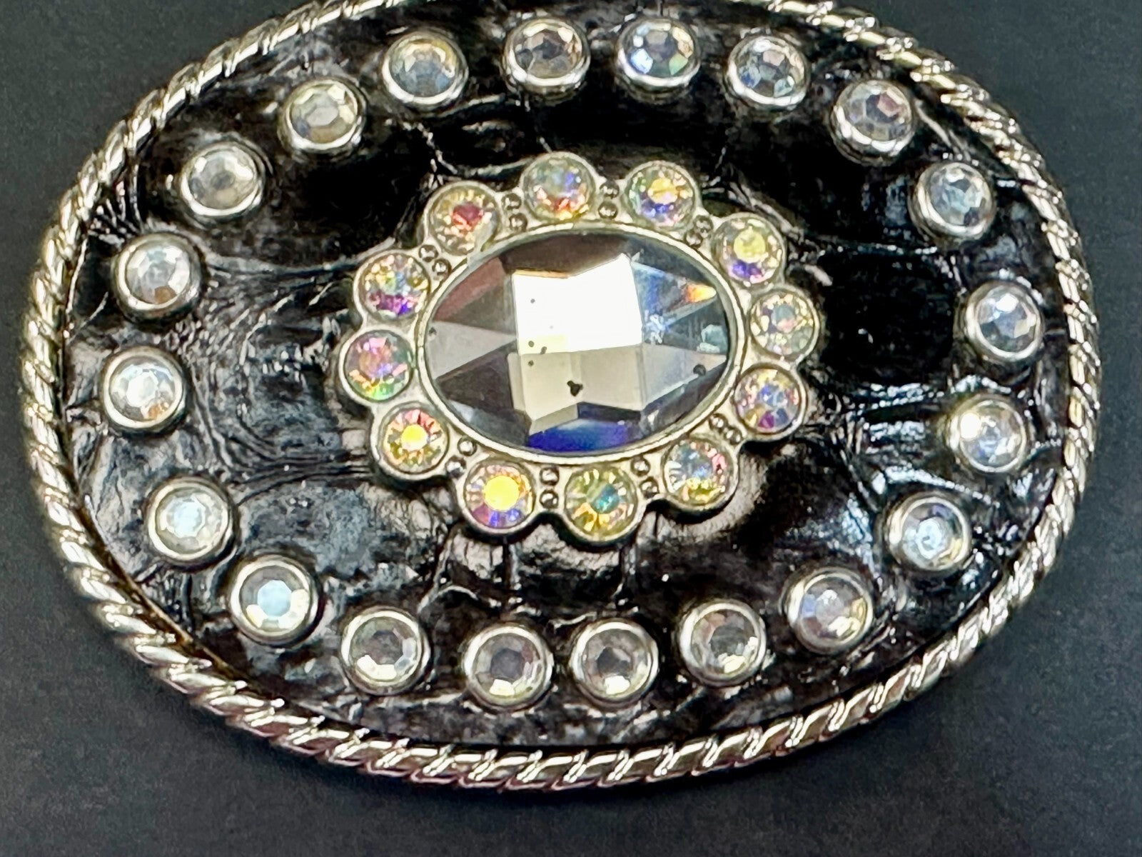 Beautiful Clear Rhinestone Bling Leather on Metal Vintage Belt Buckle