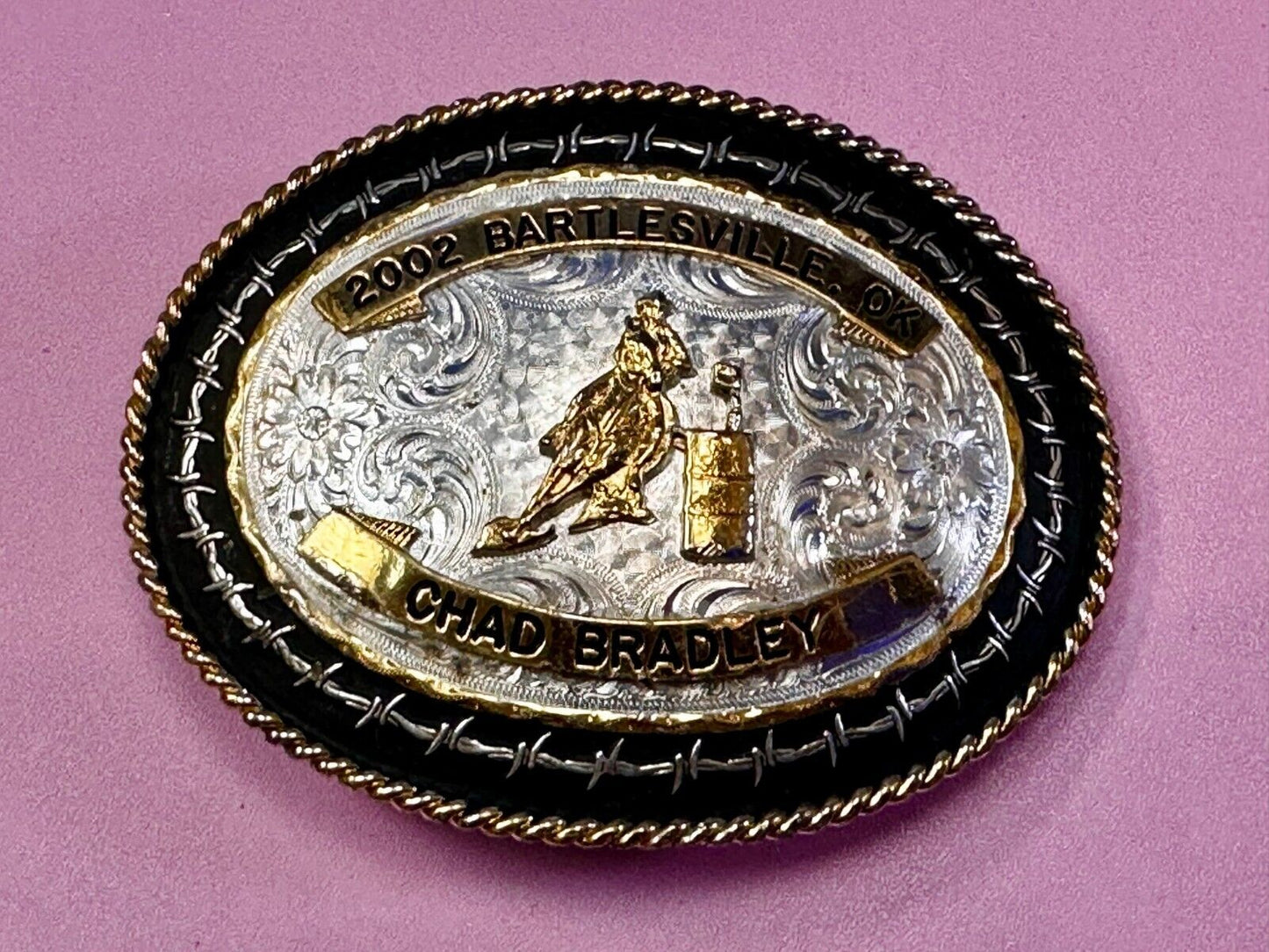 2002 Bartlessville OK Rodeo Trophy Chad Bradley Montana Silversmiths Belt Buckle