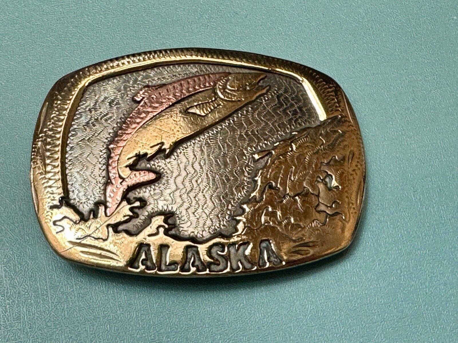 Vintage  Alaska Fish Trout western two tone belt buckle Handcrafted in the USA