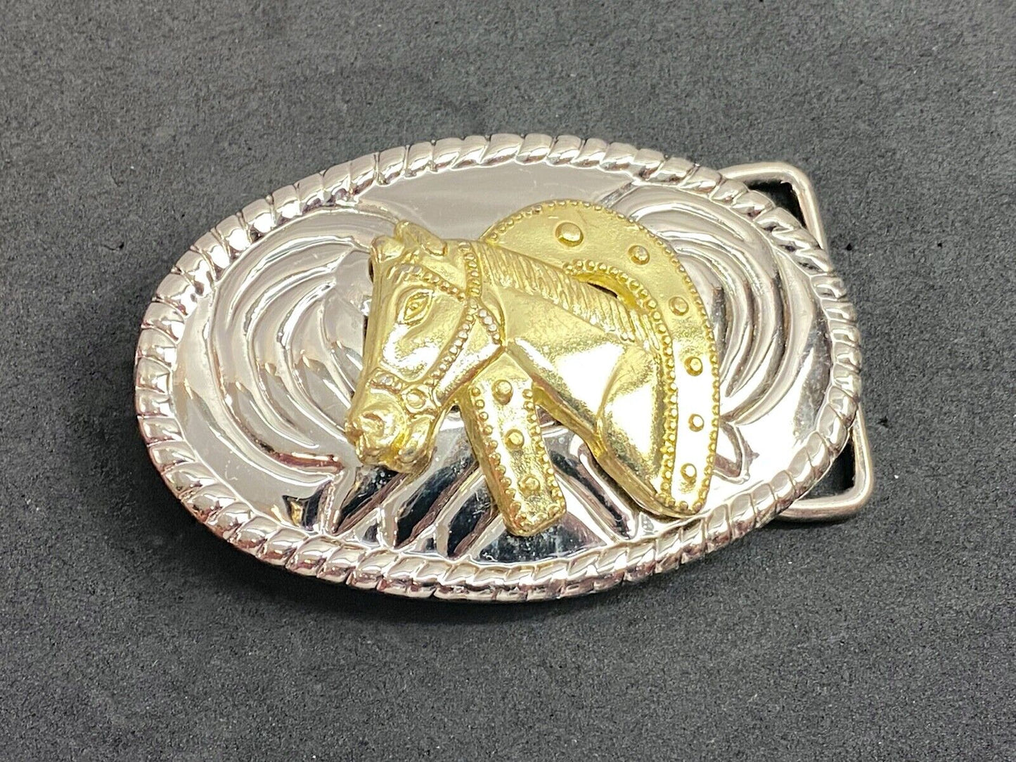 Two toned HORES HEAD BUST inside horseshoe western cowboy oval belt buckle