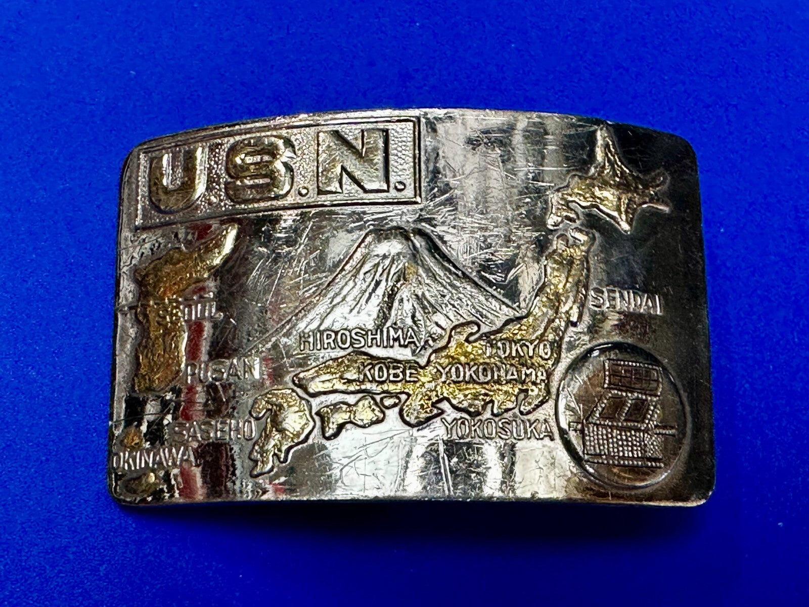 USN United State Navy Japan Korea Map Military Style Ratchet Belt Buckle