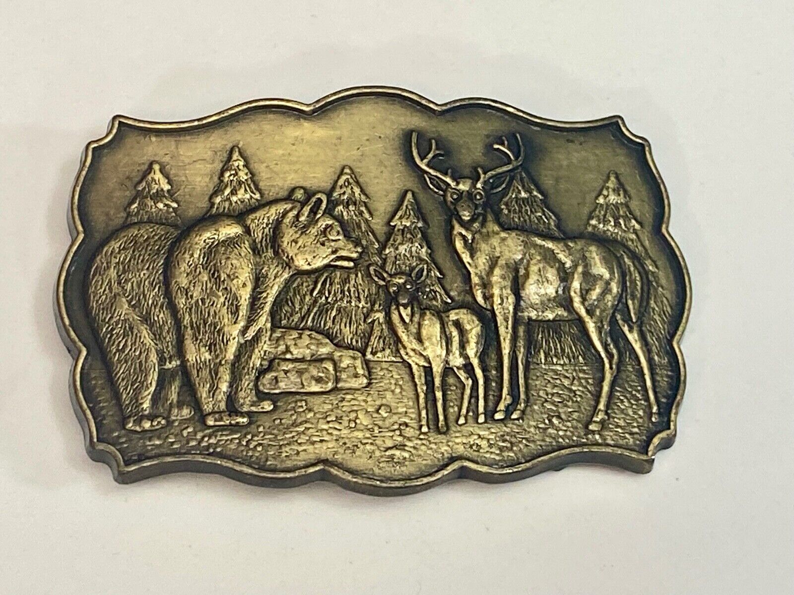 Vintage Deer & Doe With Grizzly Bear In Pine Trees Nature Scene Belt Buckle 
