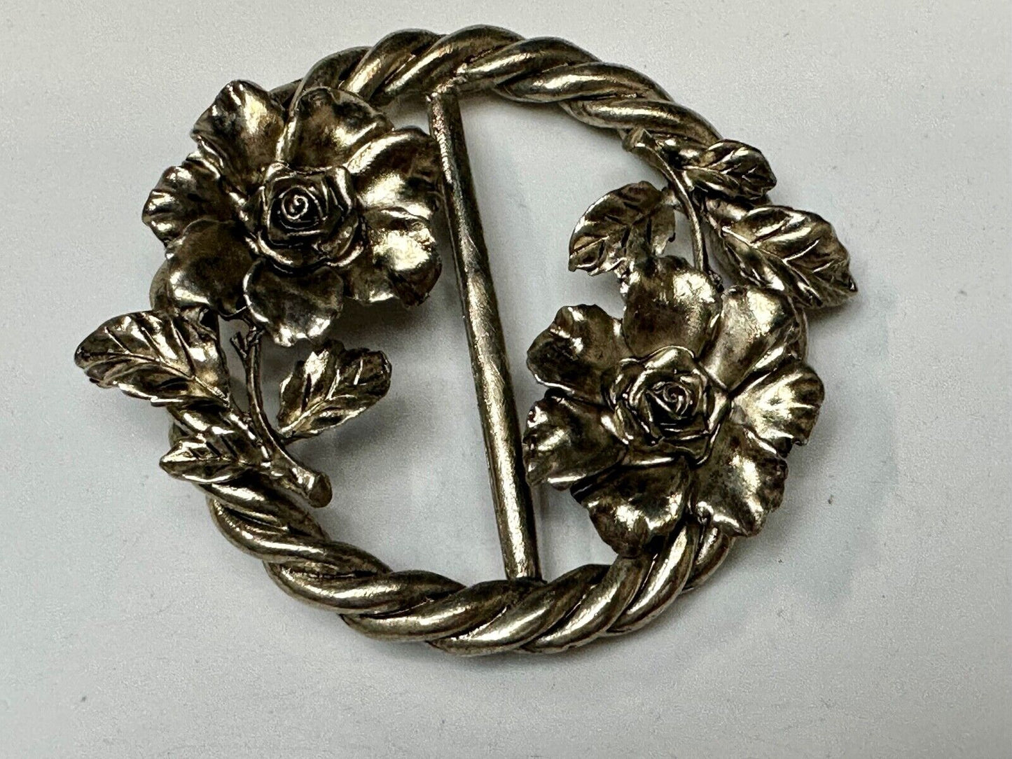 Antique Feel, Flower Figural Scarf slide Twisted rope pattern vtg.  Belt Buckle