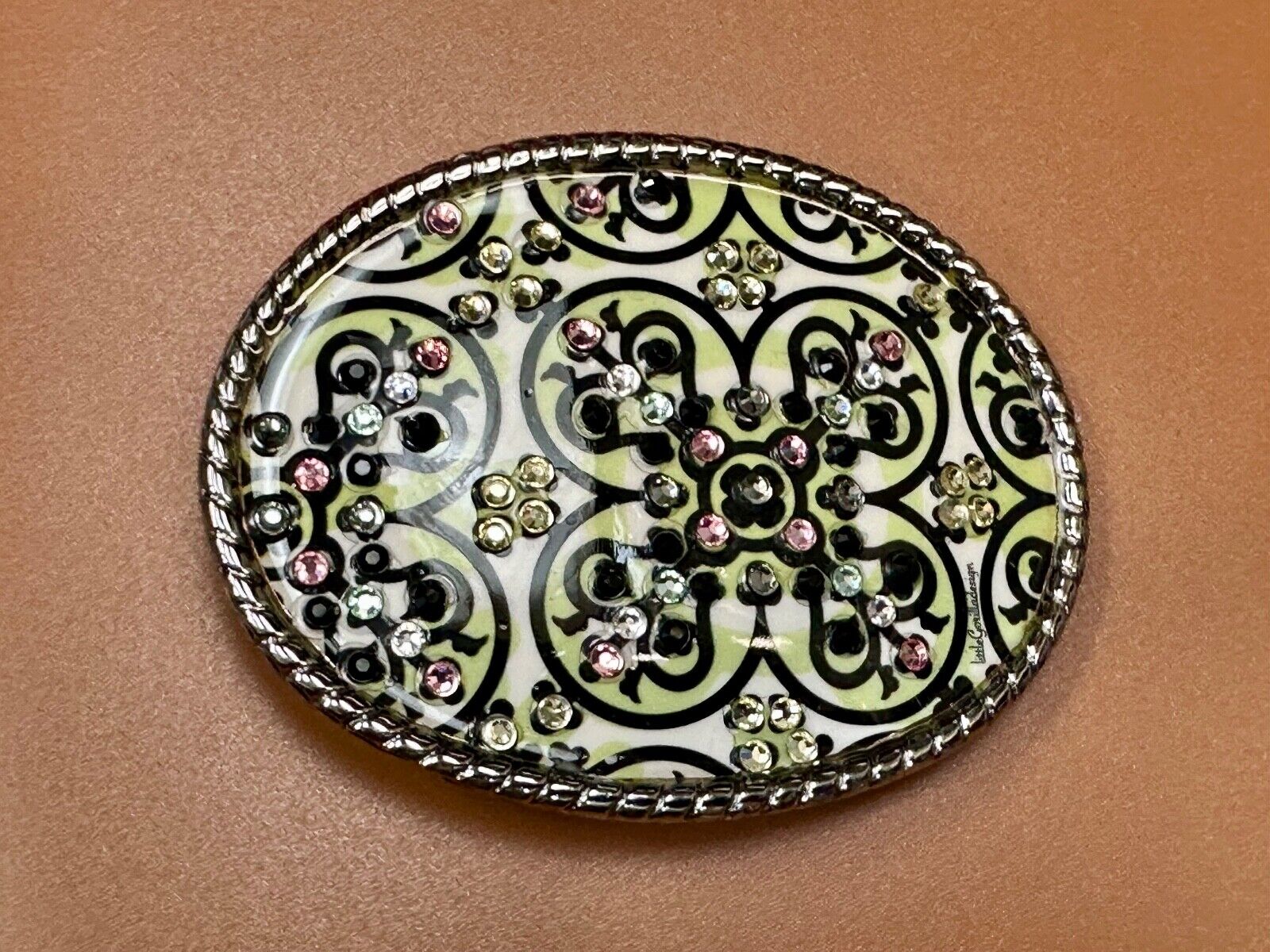 Artisan western oval girlie pink & green rhinestone accented belt buckle