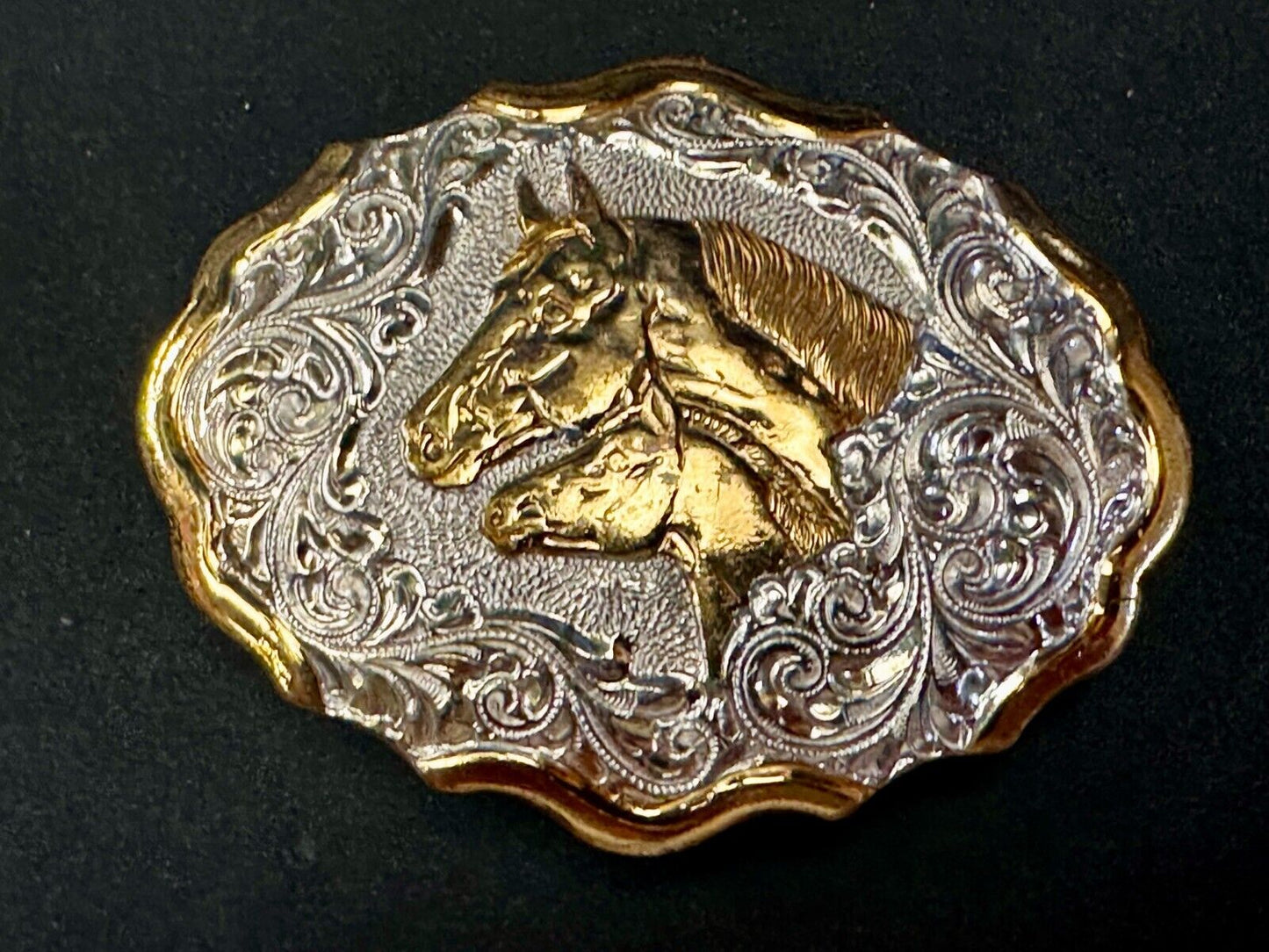 Two Horse Heads Beautiful  Ornate Rodeo Cowboy Two Tone Belt Buckle by Crumrine