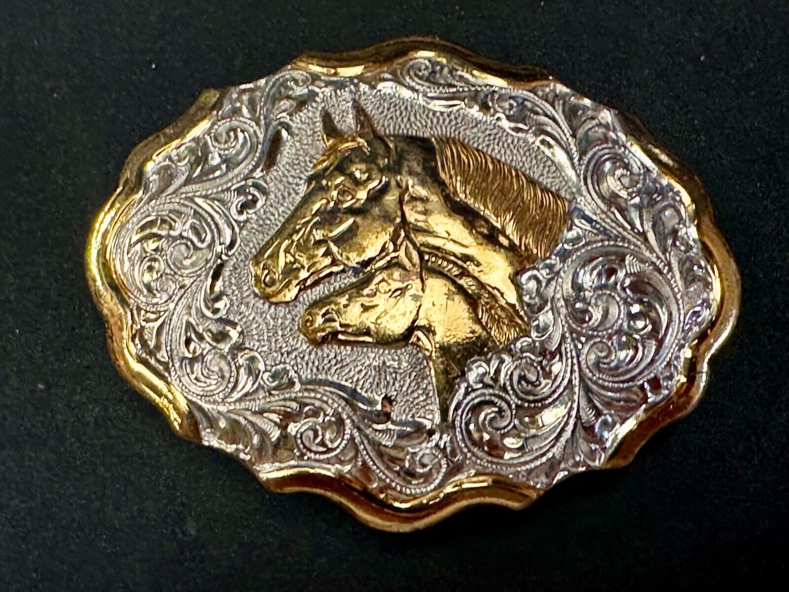 Two Horse Heads Beautiful  Ornate Rodeo Cowboy Two Tone Belt Buckle by Crumrine