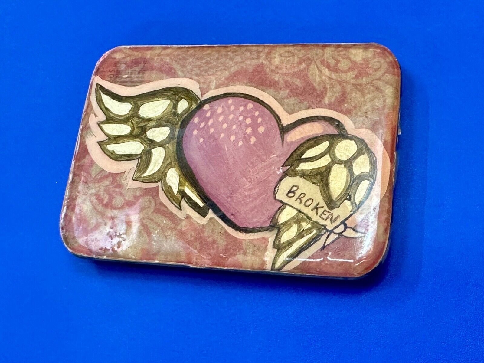 Vintage HEART with wings Mexican Collage belt buckle by artisan Nikki Zabicki