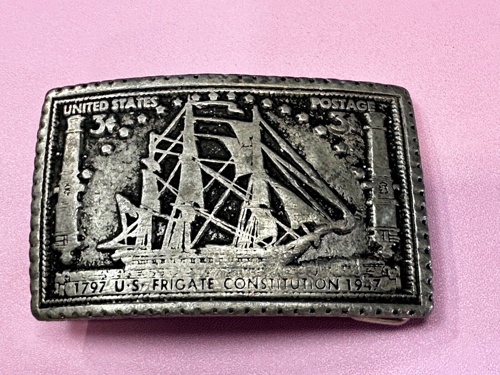 1797 US Frigate Constitution 3 cent stamp Commemorative pewter Belt Buckle