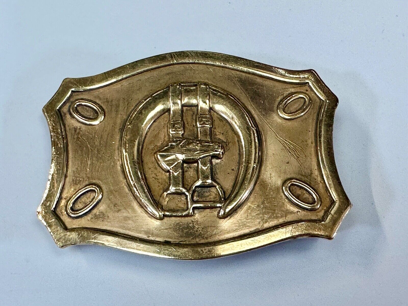 Vintage horse, head &  stirrups western lucky horseshoe belt buckle