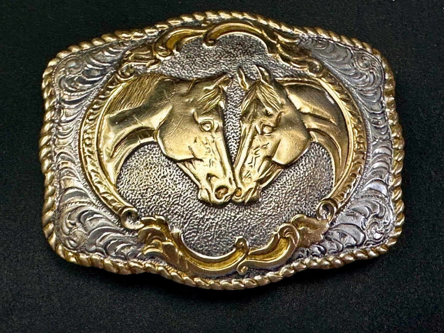 Two Horse Heads Vintage Crumrine Two Tone Western Belt Buckle