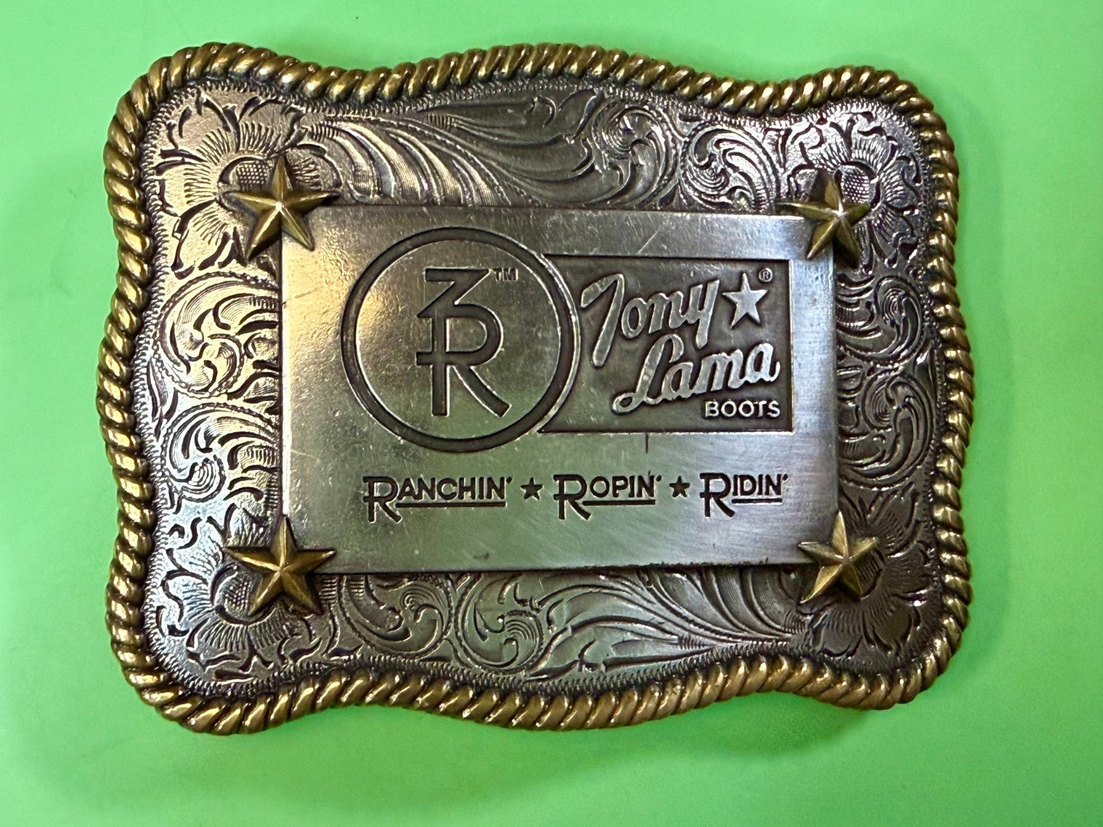3R Ranch Ropin Ridin Gold Silver Tone Promotional Western Tony Lama Belt Buckle