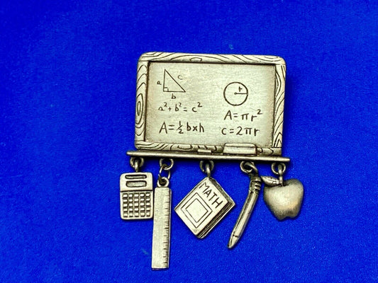 VINTAGE *J.J.*PEWTER MATH TEACHER CHALKBOARD BROOCH PIN W/THEMED FIGURAL DANGLES