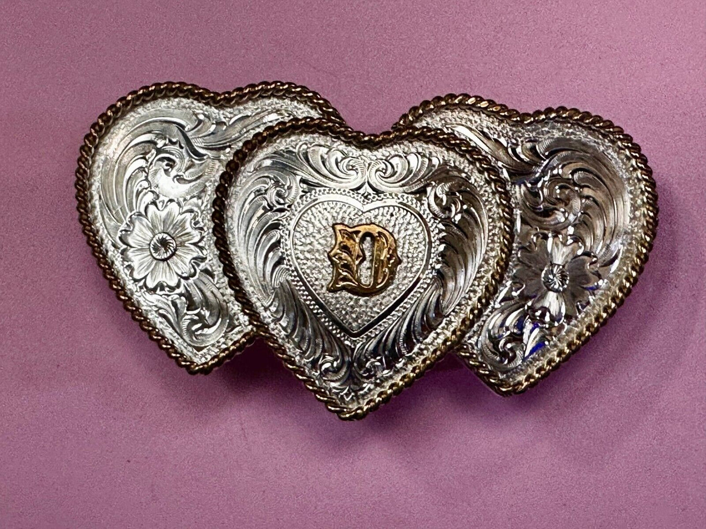 Three Triple Hearts With Initial Letter D Montana Silversmiths Belt Buckle