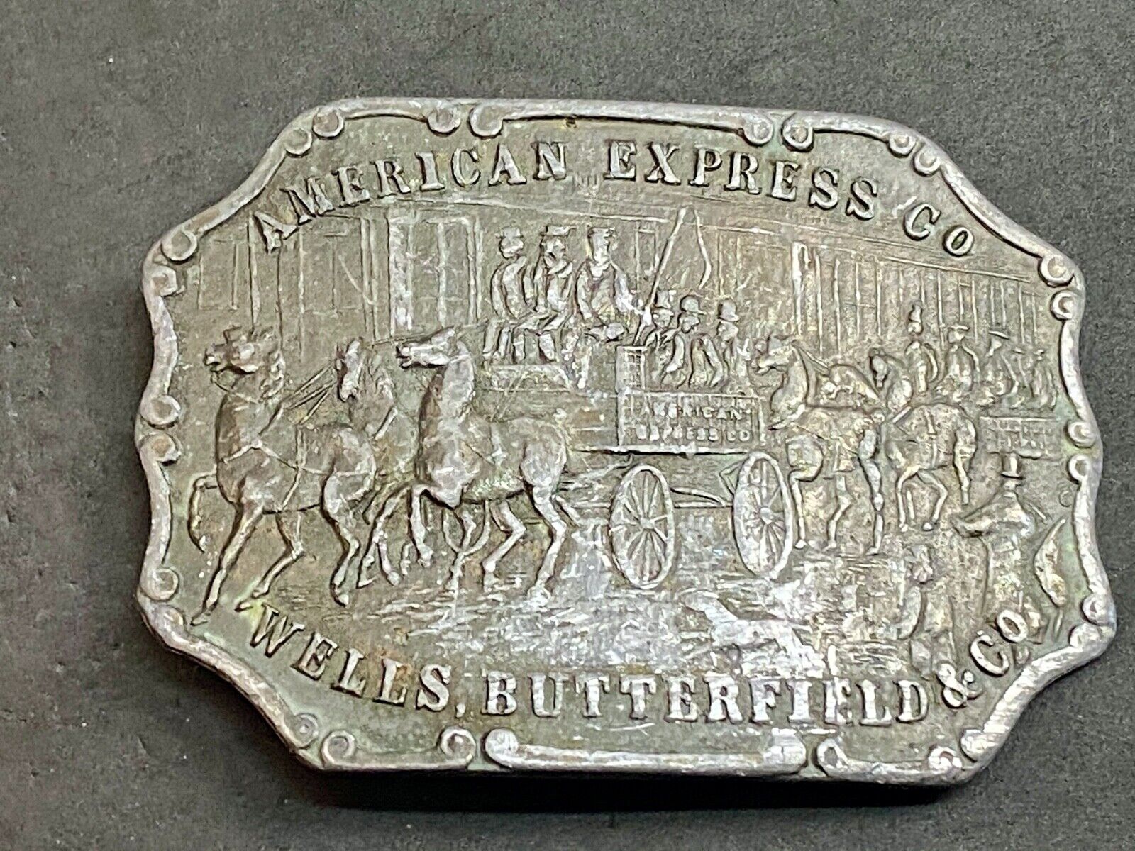 vintage american express wells butterfield belt buckle horses buggy - signed 