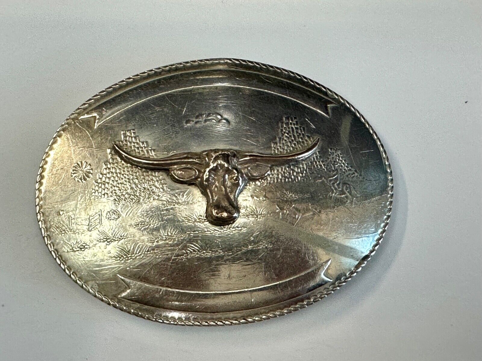 Texas longhorn - Vintage Artisan? two tone engraved award ribbon Belt Buckle