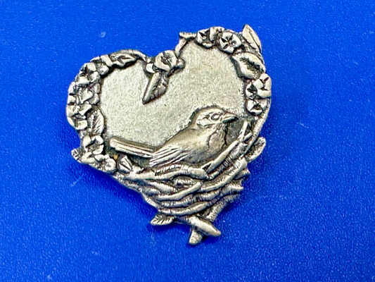 Adorable bird growing eggs in nest vintage birds and blooms pewter pin