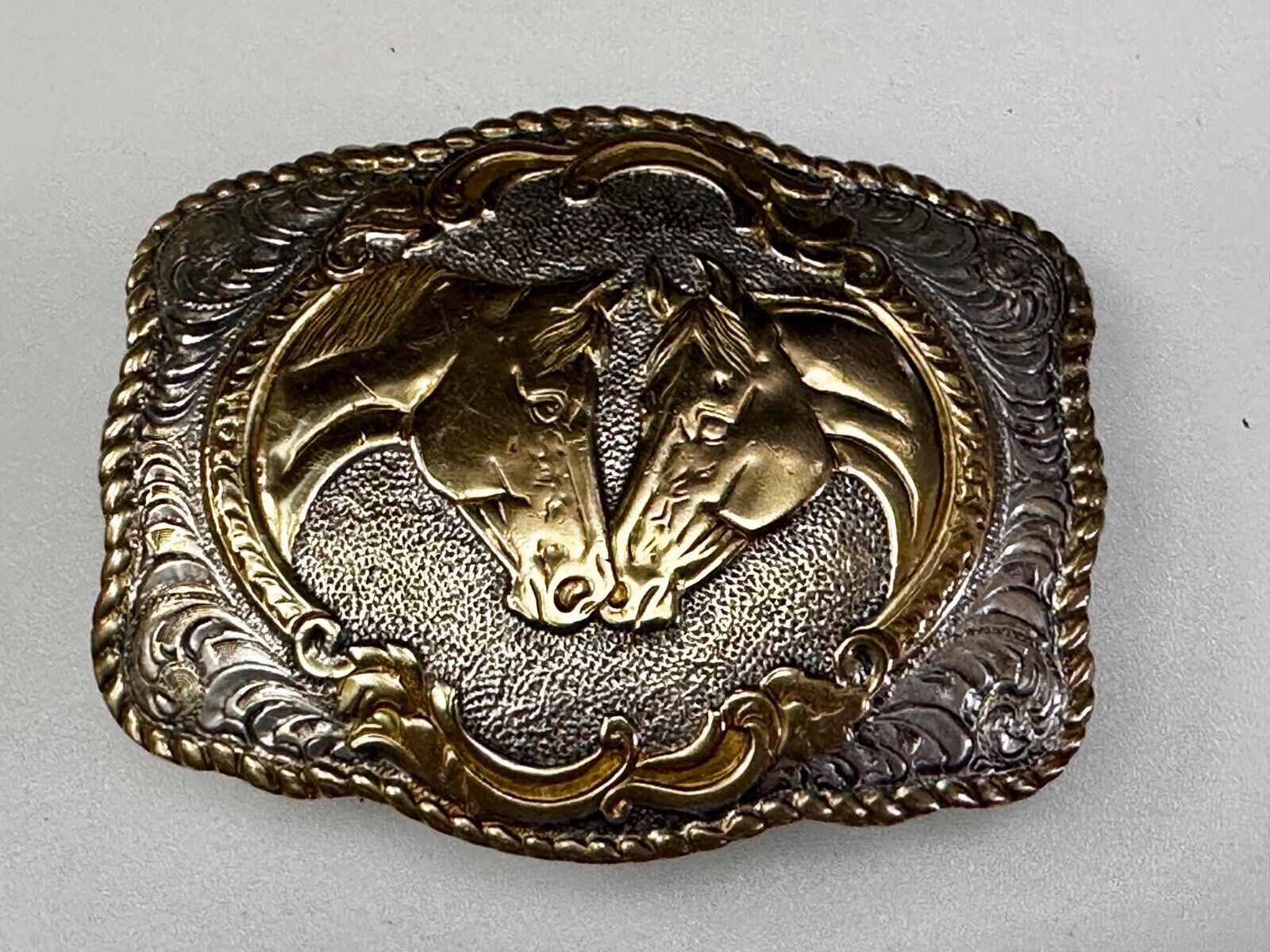 Two Horse Heads Vintage Crumrine Two Tone Western Belt Buckle