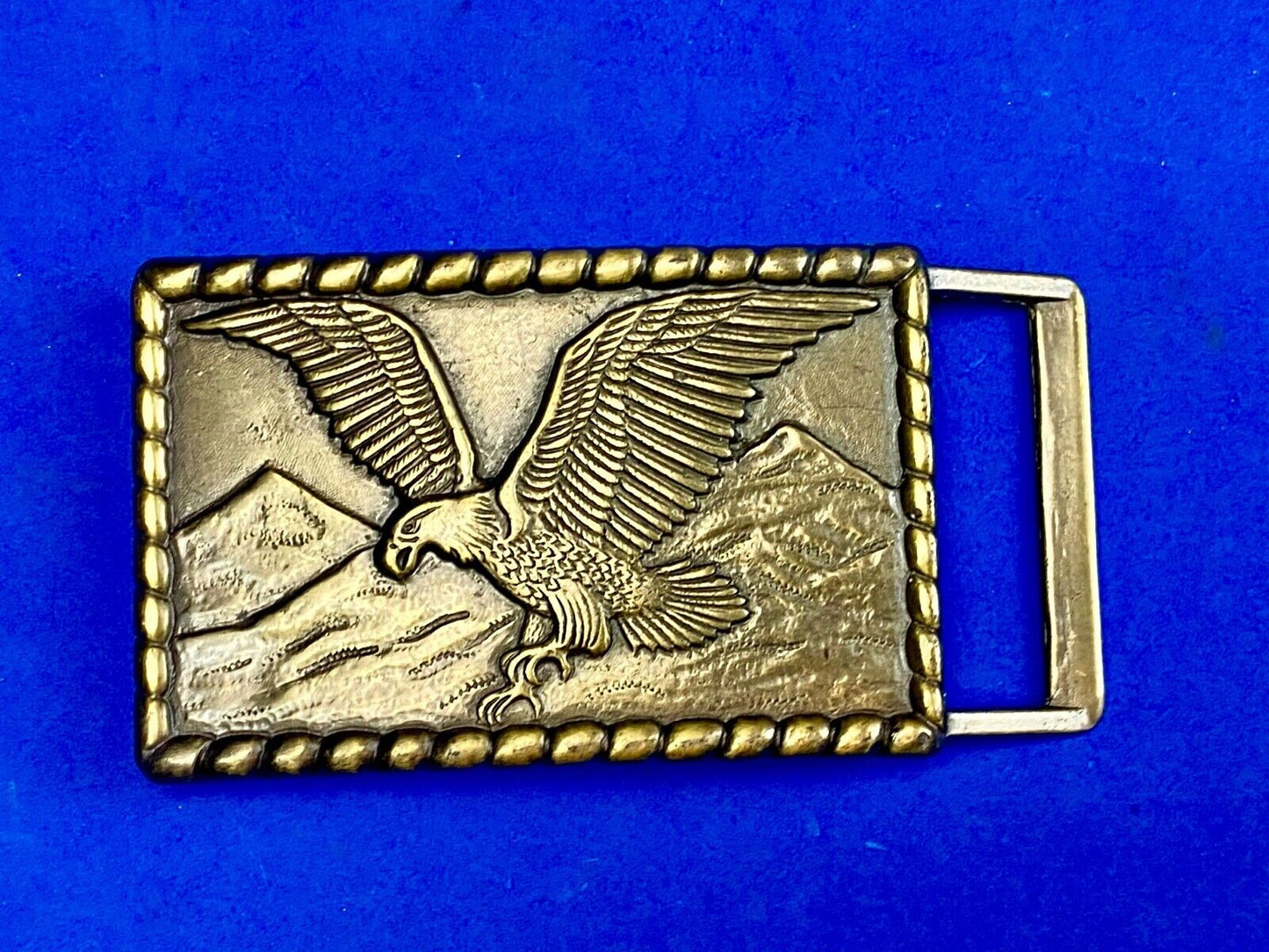 Vintage flying, hunting, fishing American eagle belt buckle with western boarder