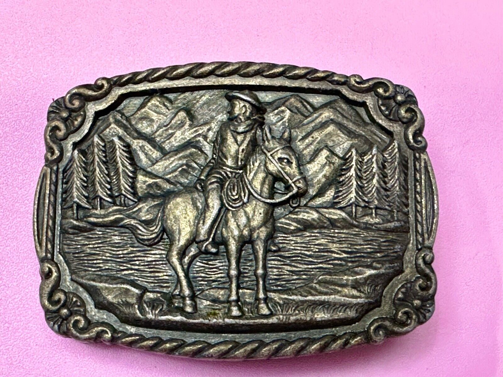 Vintage Cowboy on Horseback Dress Style Clamp down Belt Buckle