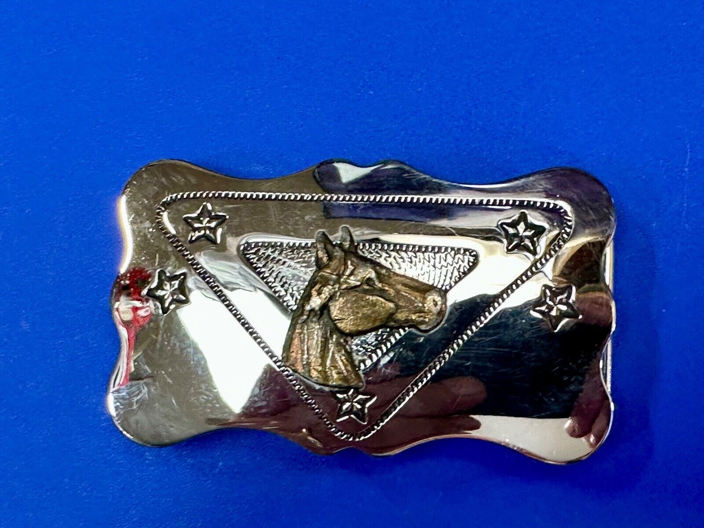 vintage horse head on reflective western silver tone rectangular belt buckle