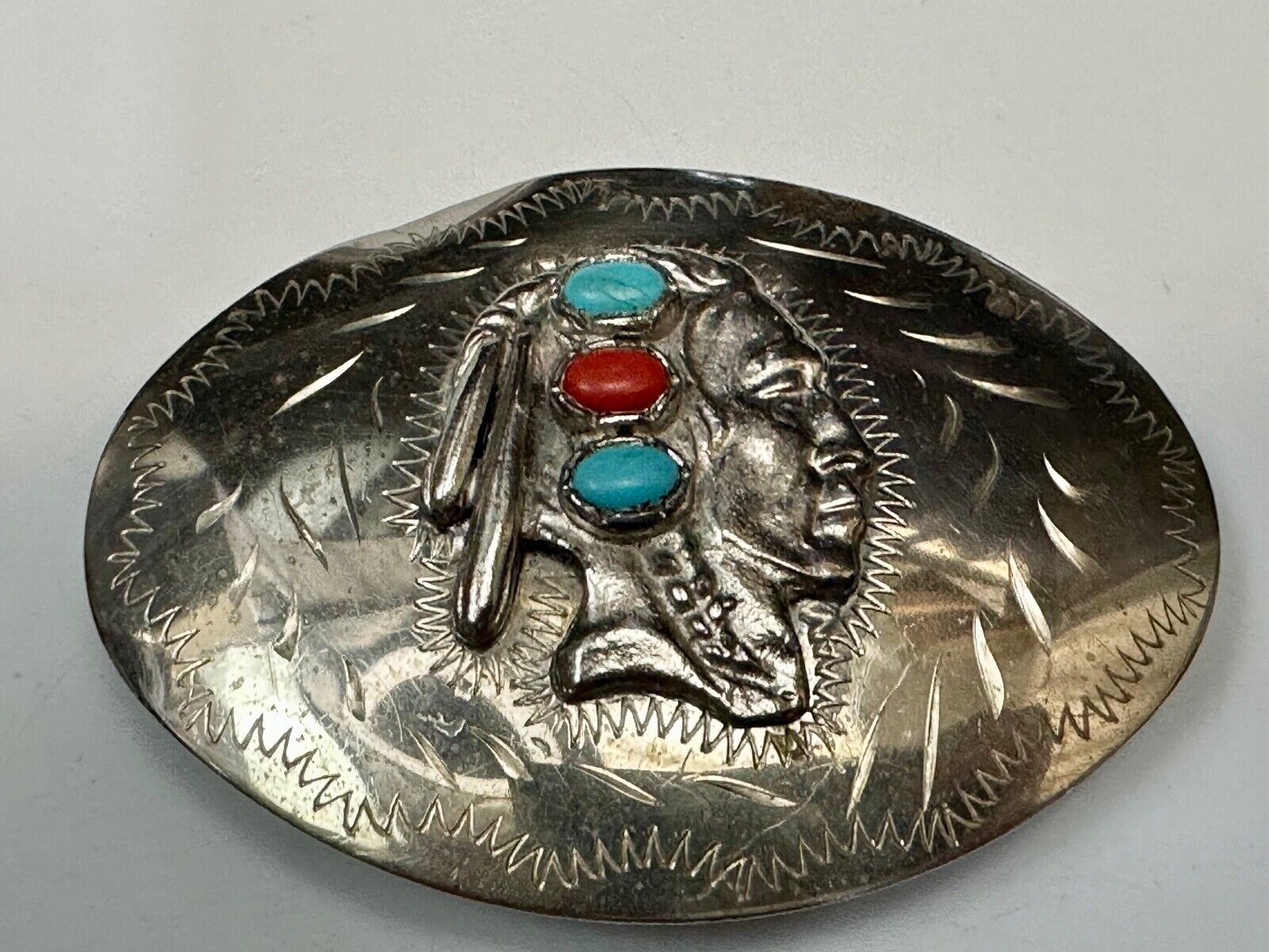 Artisan Native American Indian Bust Belt Buckle  Faux Turquoise & coral accents