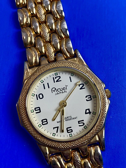 acuet gold tone women's quartz dress watch - fresh battery! 