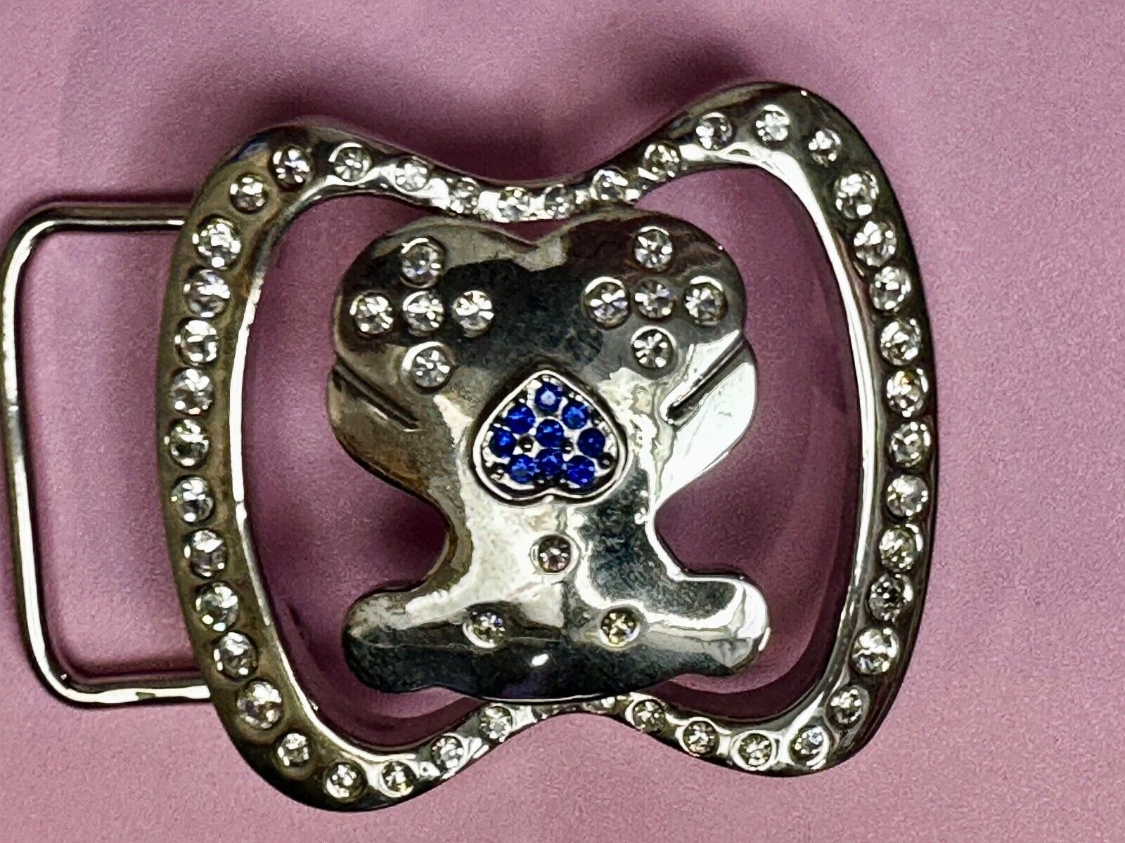 Teddy Bear W/ Heart Clear & Blue Rhinestone Accented Belt Buckle