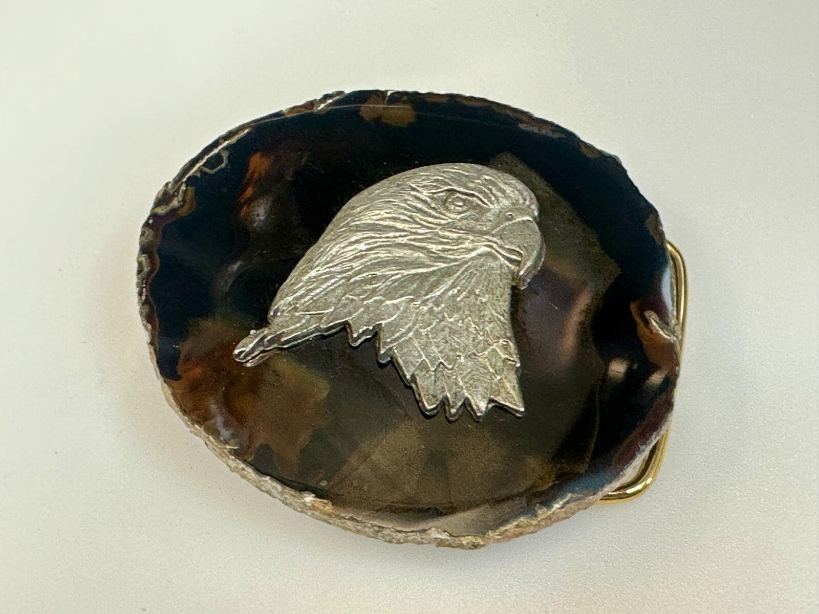 American Bald Eagle Head Carved Metal on Natural Stone Vintage Belt Buckle