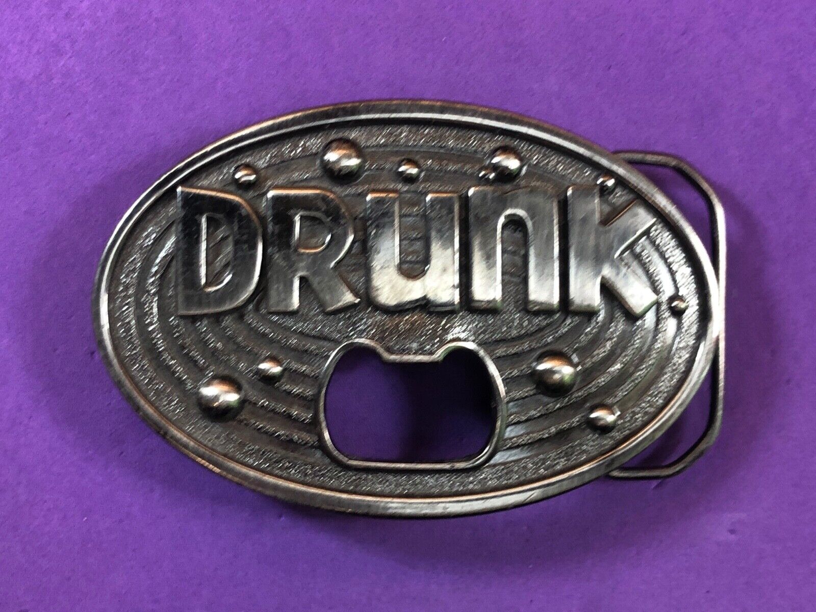 vintage large metal Bottle Opener / belt buckle - words DRUNK   Beer glass party