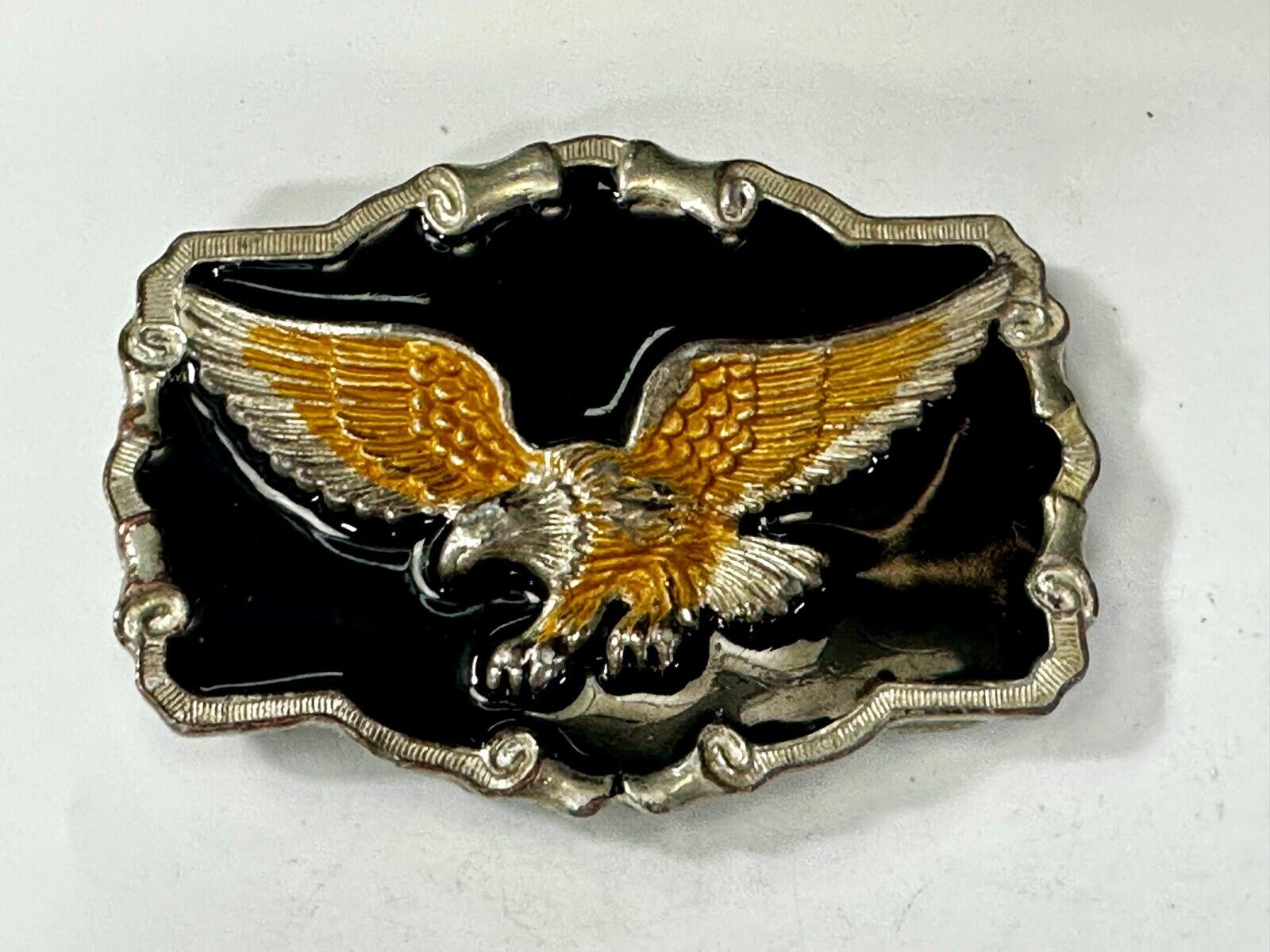 American Flying Bald Eagle Black & Gold Enamel Western Style Belt Buckle
