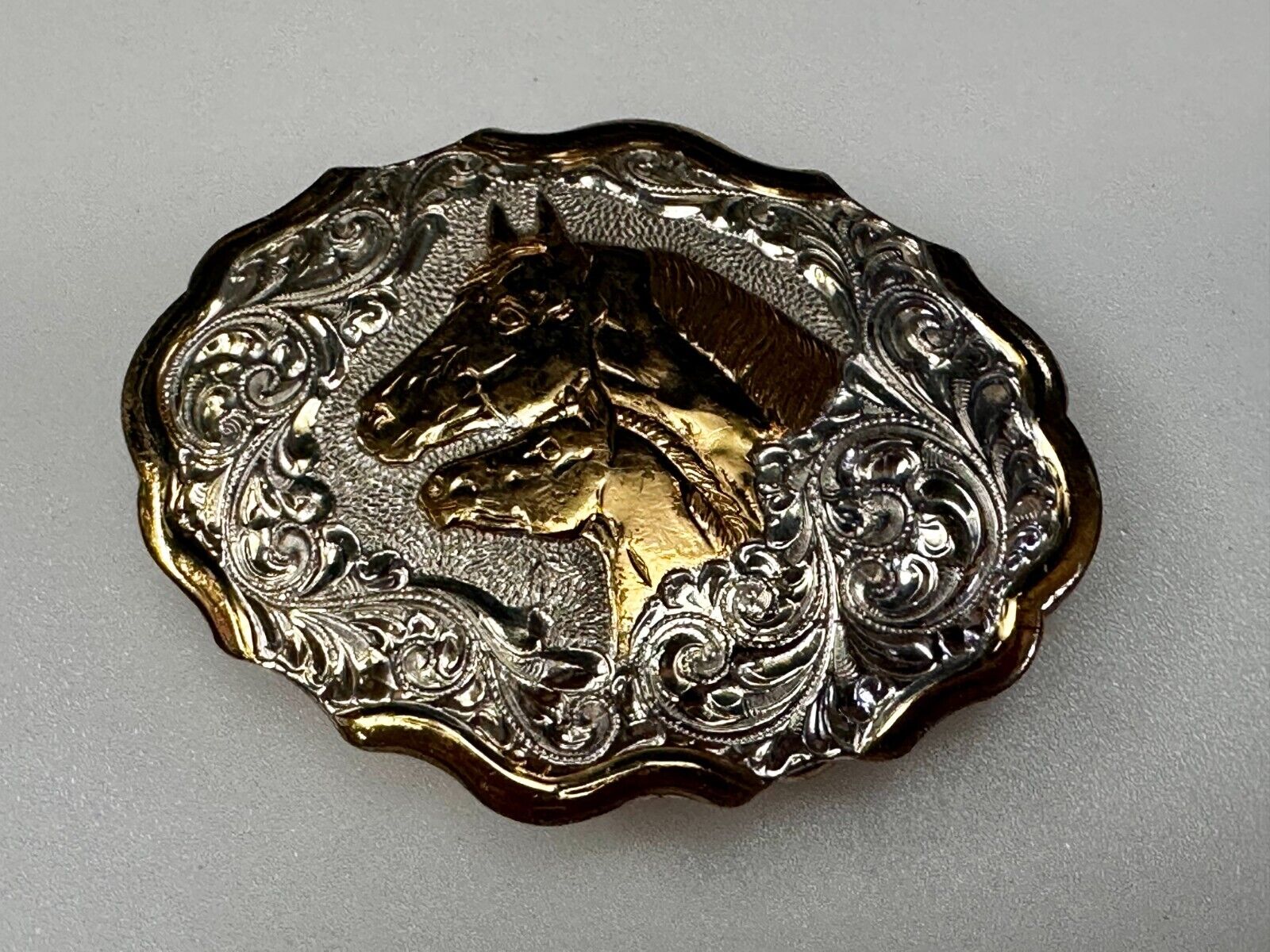 Two Horse Heads Beautiful  Ornate Rodeo Cowboy Two Tone Belt Buckle by Crumrine