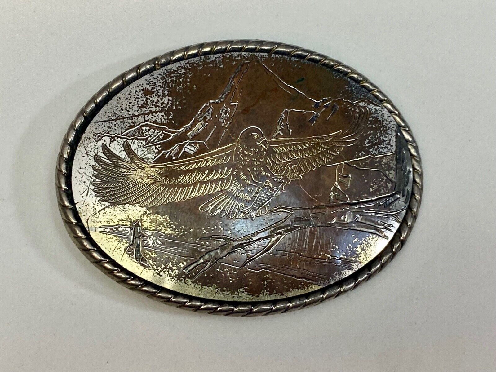 Vintage Engraved Western Ware Eagle Over Mountainside Belt Buckle Signed W 