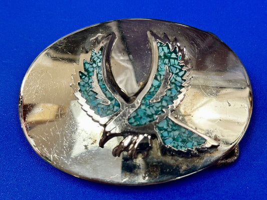Turquoise Chip inlaid Flying Hunting Diving Patriotic American Eagle Belt Buckle