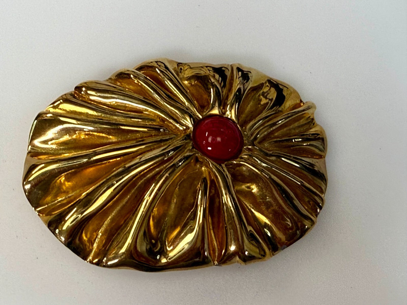 Antique Textured Metal W/ Centered Red Stone Gold Tone Belts by Lois Belt Buckle