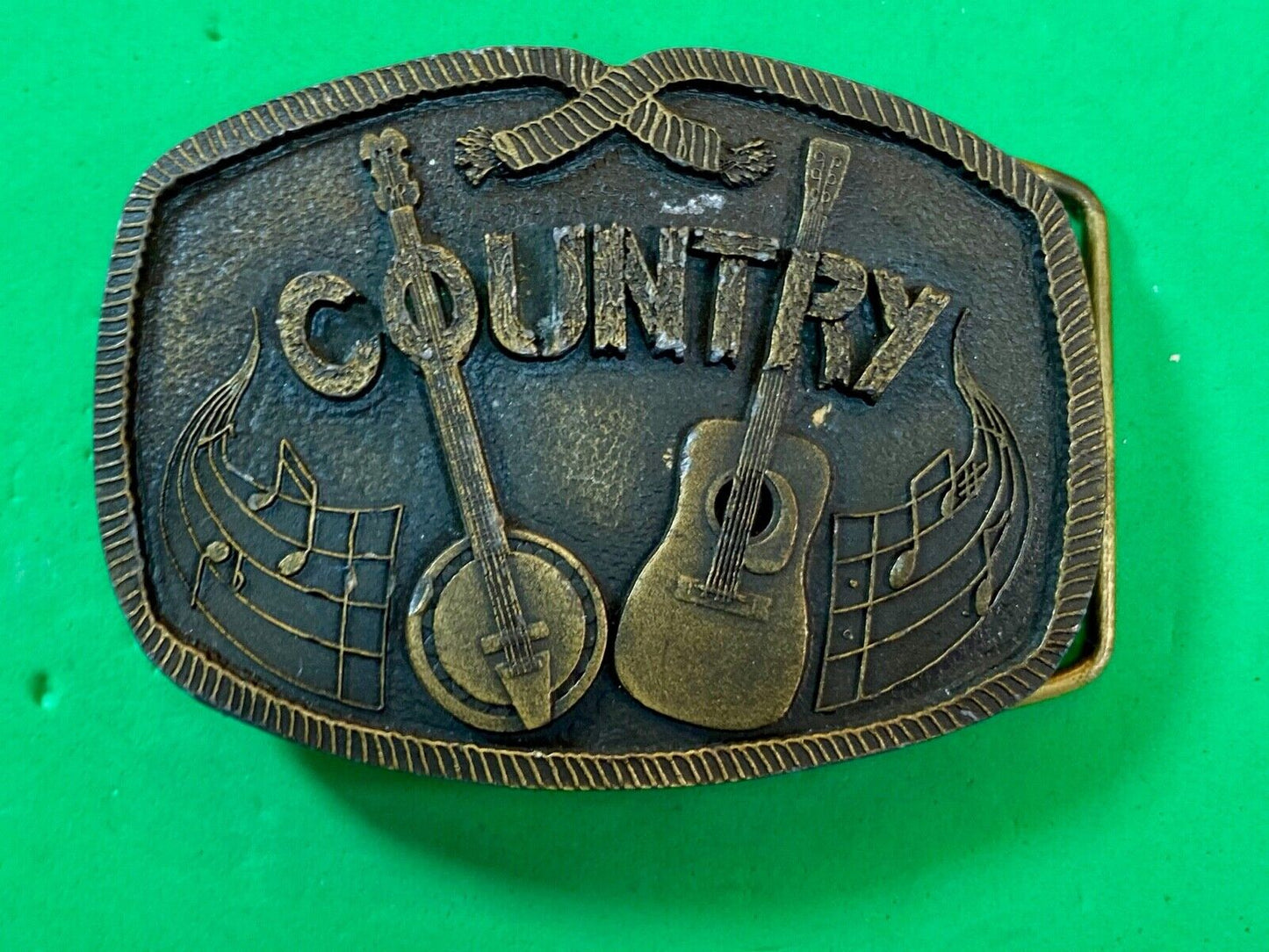 Vintage 1976  Brass Tone Country Music Belt Buckle Banjo And Acoustic Guitar 