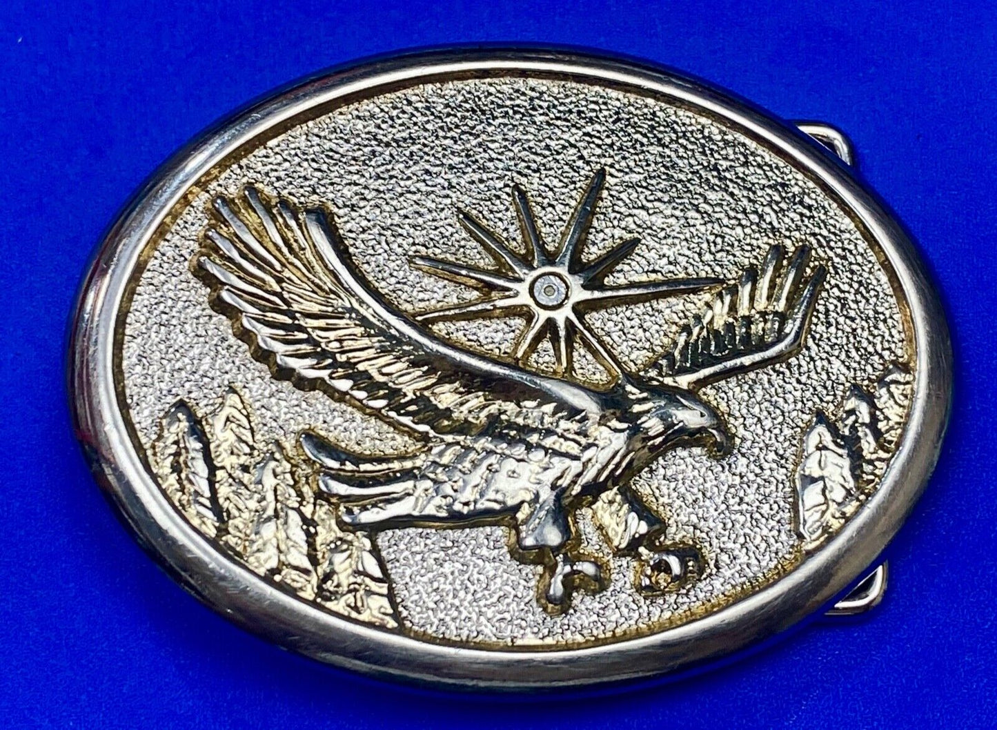 Vintage Eagle Flying Over Mountains With Sunburst two tone belt buckle