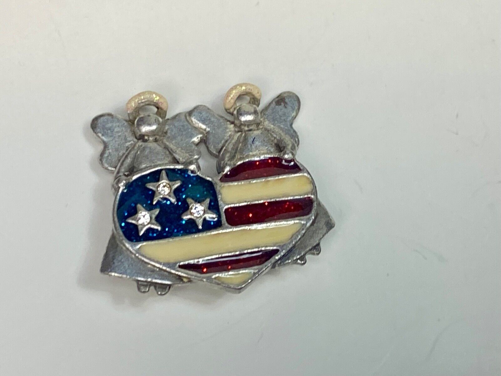Angels Holding American Flag Heart Vintage Brooch Pin Signed By Ajmc